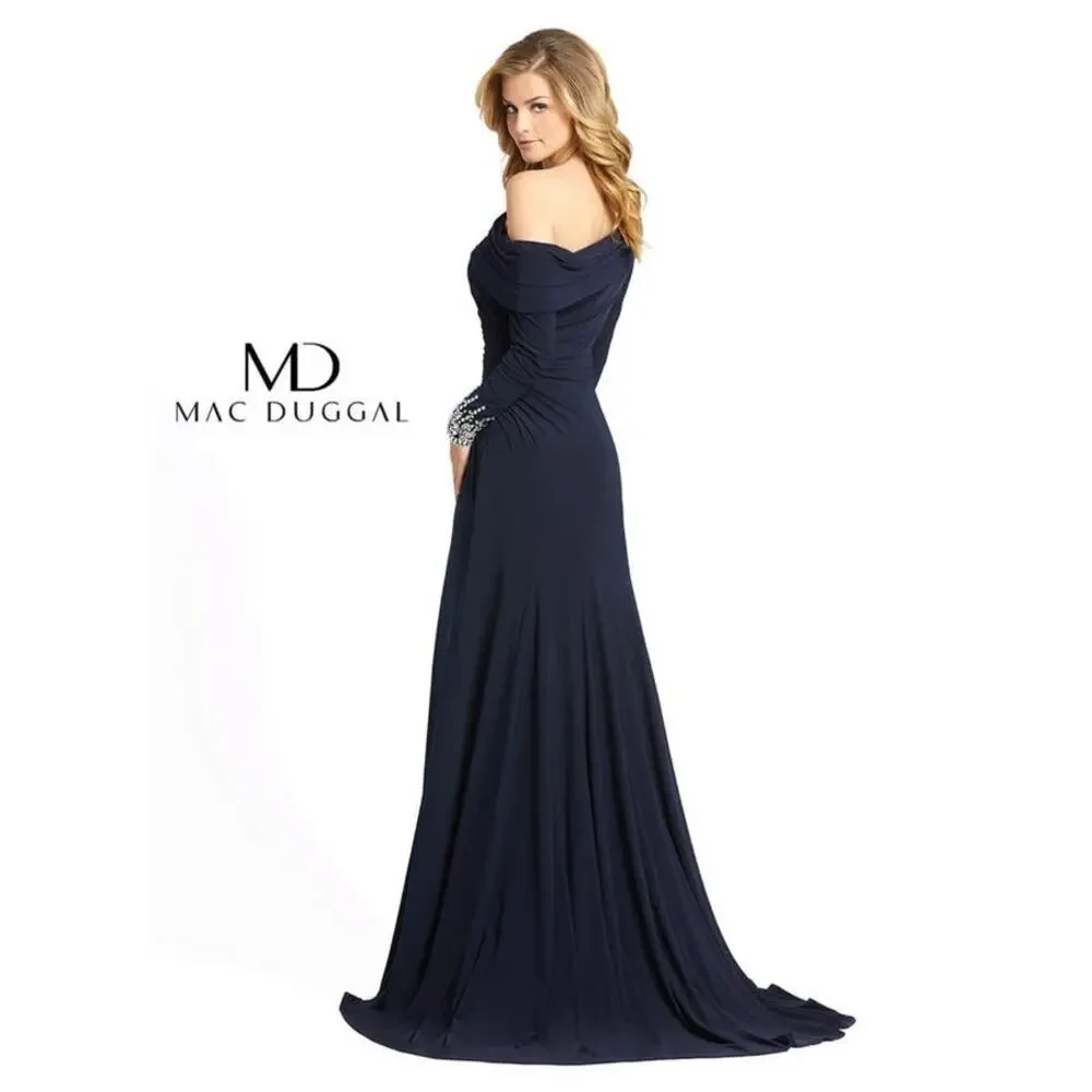 Mac Duggal NEW Size 12 Blue Beaded Cuff Drop Shoulder Faux Wrap Gown 12231 - Picture 3 of 10